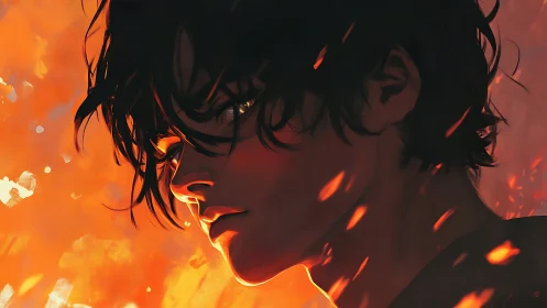 Profile of dark haired figure against orange illuminated field.