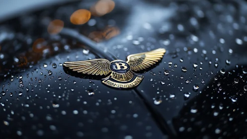 Bentley hood emblem gleams against rain-speckled paintwork.