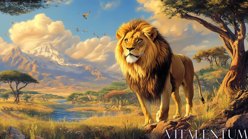 Majestic lion surveys sunlit savanna before snow peaks.
