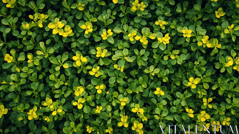 Dense green foliage with small yellow blossoms pattern.