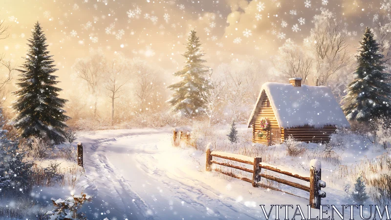 Snow-laden forest cabin under diffuse golden winter backlight