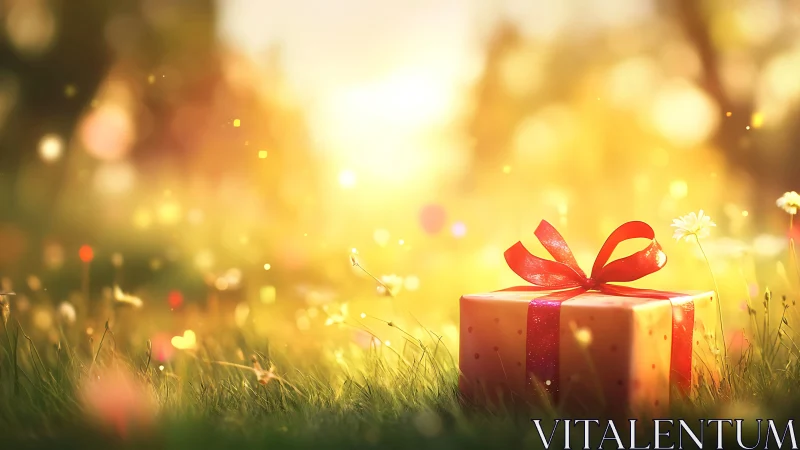 Sunlit gift box resting in dreamy golden meadow glow.