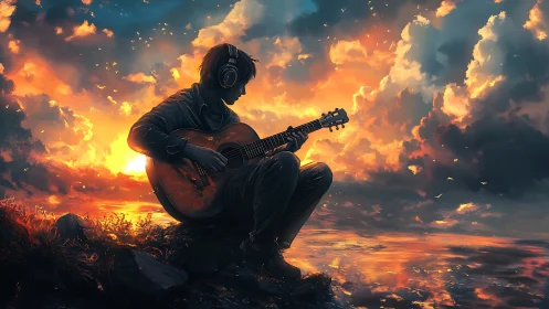 Silhouetted guitarist seated by reflective sunset shoreline.