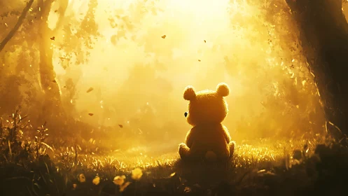 Teddy bear silhouette in golden forest sunrise glow.