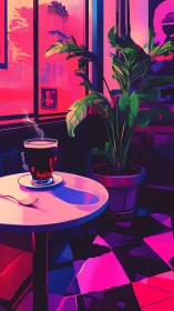 Neon café interior renders steaming coffee in bold chroma