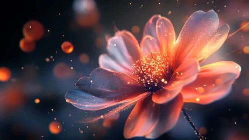 Digital painting macro bloom with luminous particle bokeh focus.