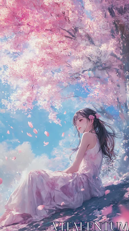 Spring blossom girl under drifting sakura petals.