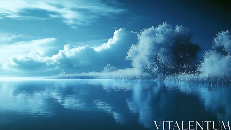 Moonlit blue lakeside forest with misty cloud reflections.