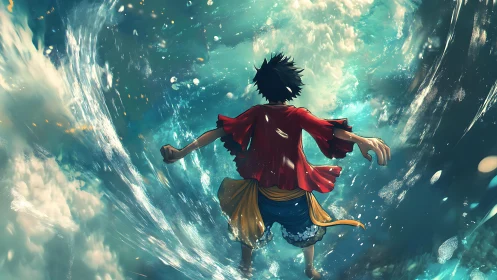Anime hero strides through swirling ocean passageway.