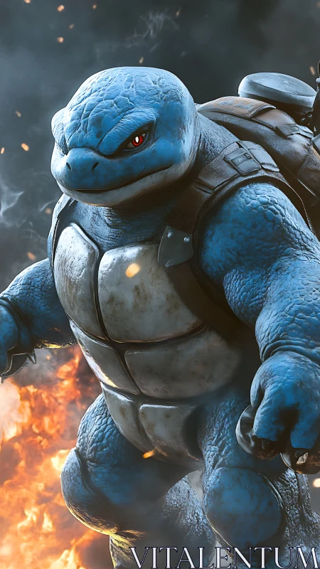 Battle ready blue turtle warrior strides through blazing fire