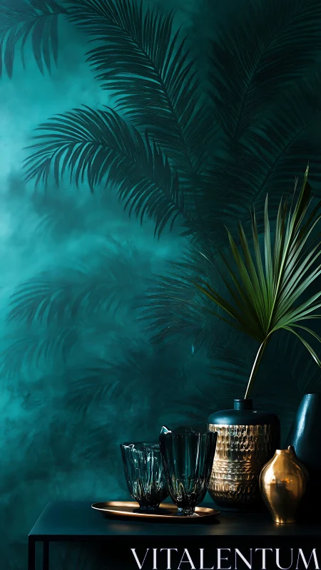 Teal palm wall with gold vases and dark glassware decor.