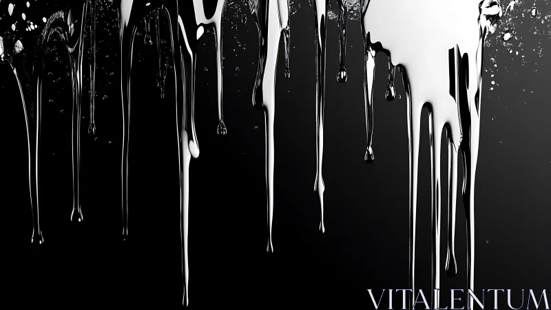 Black and white glossy liquid drips on dark gradient background.