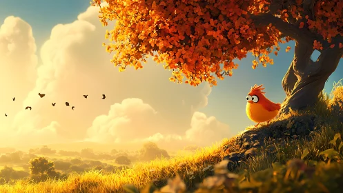 A Cheerful Bird Watches Over the Autumn Valley Below.