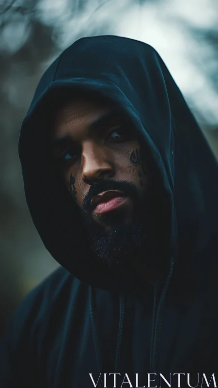 Midnight hooded gaze carves a quiet storm from shadow