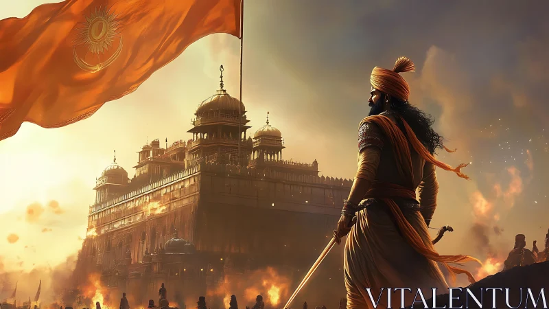 Sunlit warrior guards a blazing fortress of memory and fire.