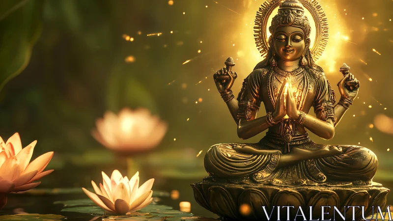 Gold-toned multi-armed deity statue among lotus flowers.