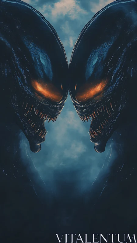 Symmetrical view of two opposing dark alien heads.