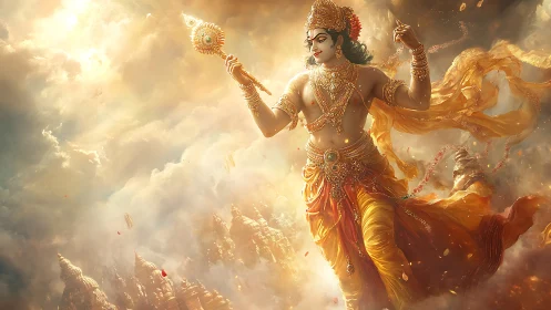 Divine warrior ascends above celestial city in radiant clouds