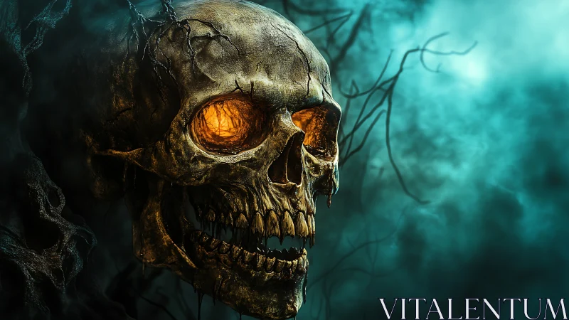 Burning-eyed skull emerges from eerie teal misty darkness