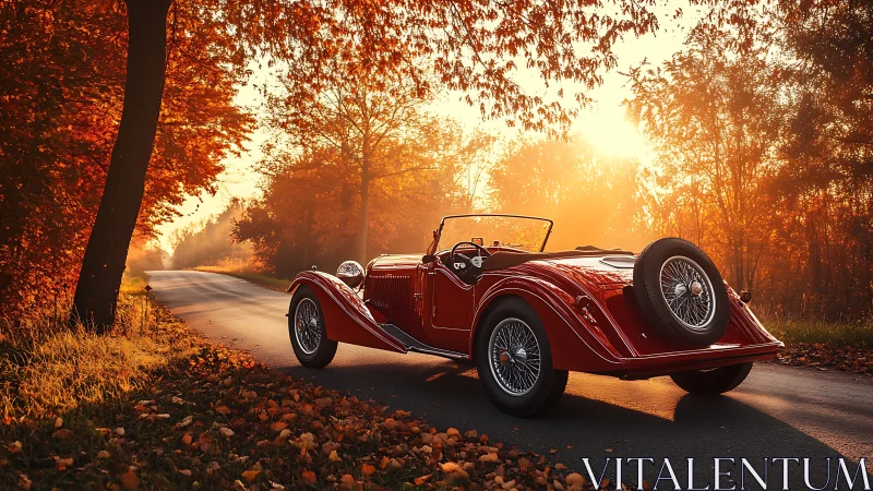 Vintage red roadster cruising through sunlit autumn lane.