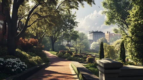 Sunlit brick path curves through lush urban park gardens