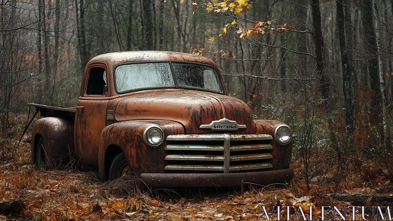Rusty vintage pickup truck abandoned in wet autumn forest.