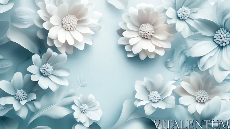 Ethereal White Flowers Bloom in Serene Blue-Tinted Dream