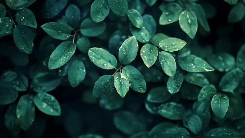 Gentle green leaves rest quietly under fresh morning raindrops