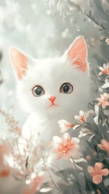White Cat with Coral Ears Among Blooming Flowers. Digital Portrait.