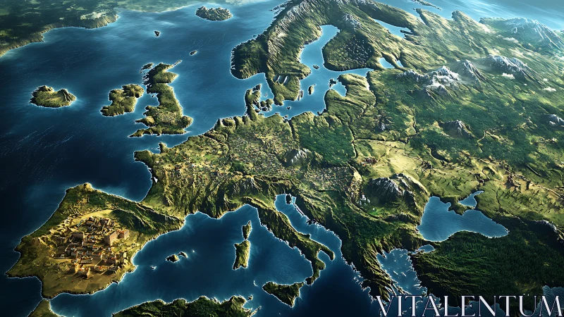 Sunlit Europe in lush 3D relief from a dreaming sky perspective.