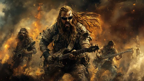 Post-apocalyptic rock guitarists in dynamic performance scene.