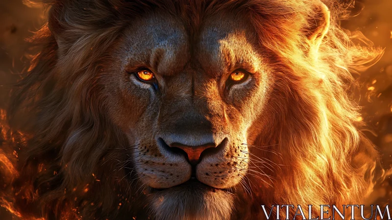 Majestic lion portrait with molten firelit golden mane