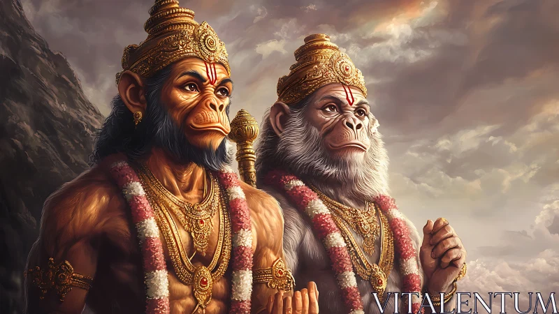 Divine monkey warriors in ornate gold crowns and garlands.
