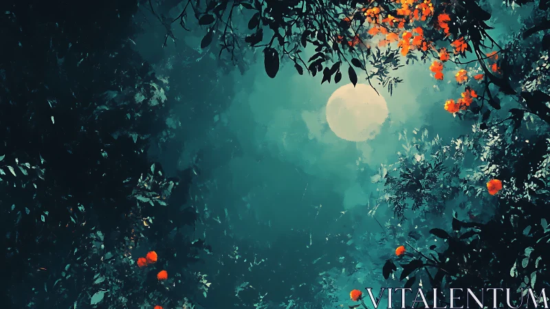 Digital painting of moonlit canopy with vivid floral accents.