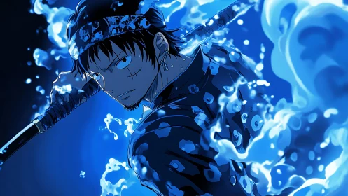 Electric blue swordsman encircled by swirling energy aura.