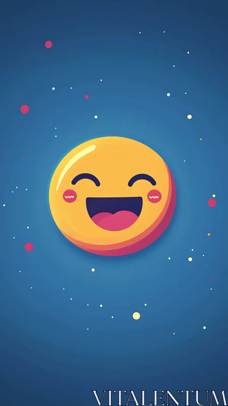 Smiling cosmic emoji orbits through a playful midnight sky