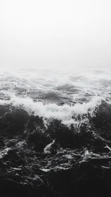 Monochrome storm waves collide beneath dense sea fog.