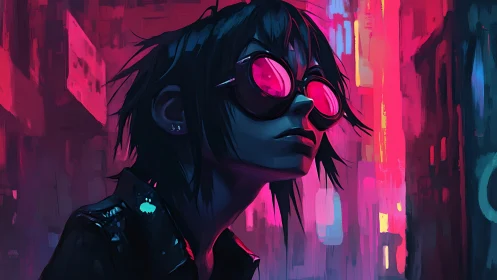 Neon alley drifter gazes through glowing cyberpunk goggles.