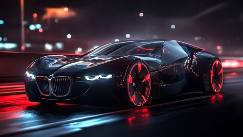 Aerodynamic BMW concept coupe under neon vector lighting.