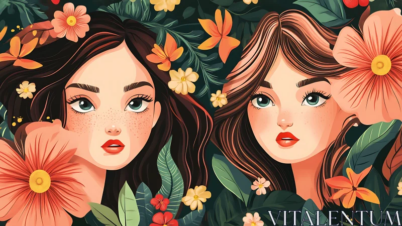 Two illustrated women with floral backgrounds in vibrant, modern art.