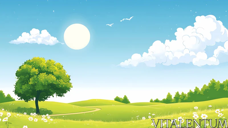 Sunlit meadow landscape under clear blue summer sky.