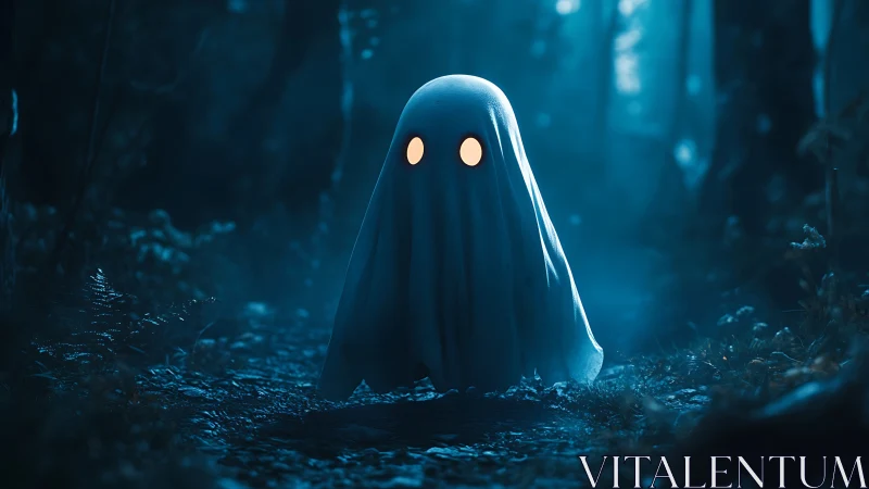 Cartoon ghost with glowing eyes stands in a misty forest.