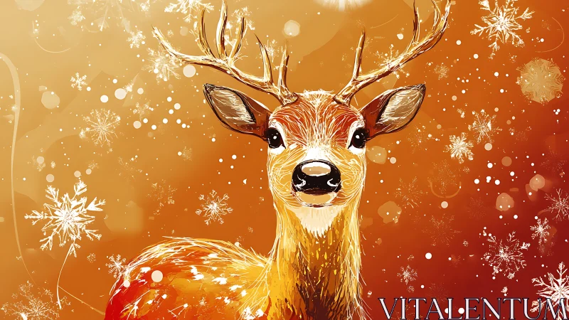 Gentle winter deer glows softly amid swirling golden snow