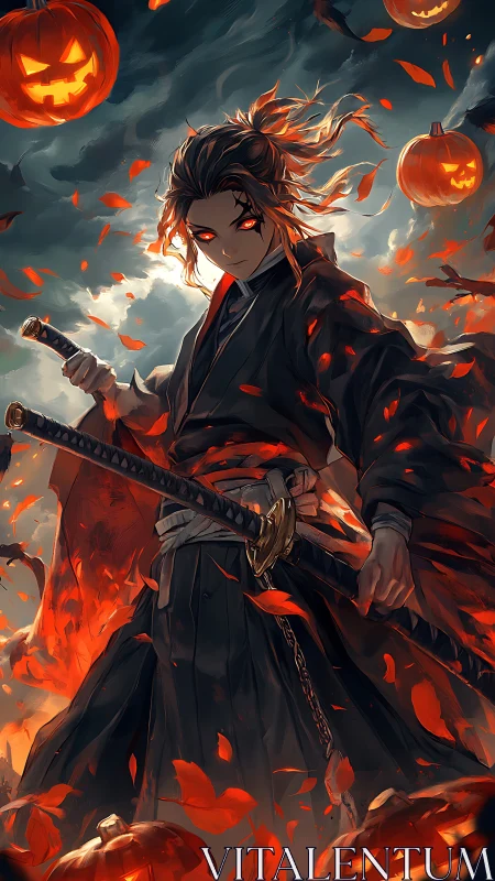 Halloween katana prodigy ignites a storm of ember leaves.