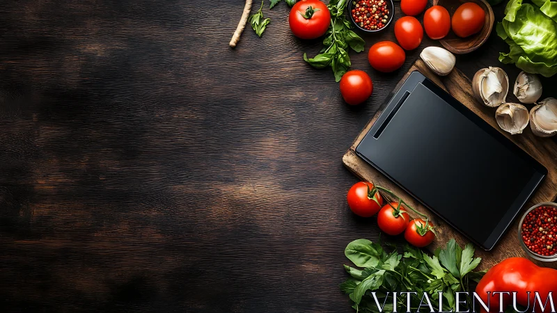 Digital tablet rests by fresh tomatoes and herbs on wood