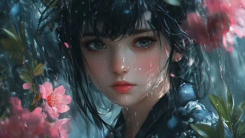 Rain-soaked anime girl among pink blossoms, close portrait.