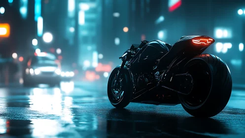 Neon-soaked cyber bike poised on slick nocturnal streets.
