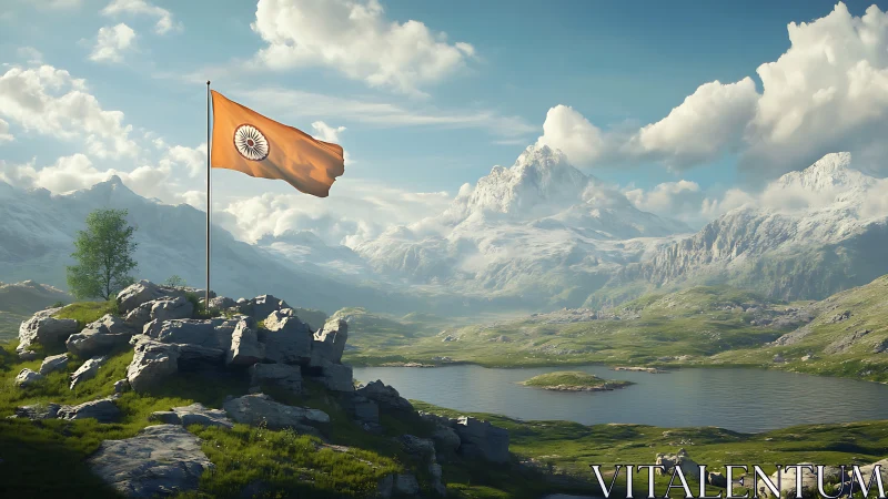 Indian flag on rocky hill against high-altitude glacial mountain basin