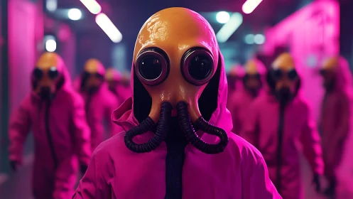Neon corridor march of masked figures in hazmat pink suits.