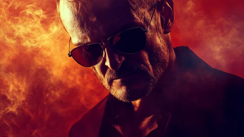 Middle-aged man in sunglasses is lit by directional red light